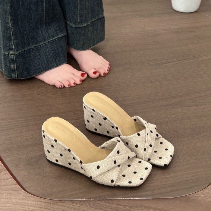 Dép cao gót nêm chấm bi phong cách retro Pháp dành cho nữ, giày mũi vuông cao cấp, hở mũi, dé