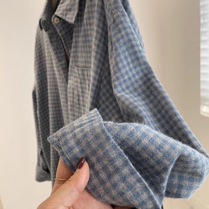 Áo sơ mi kẻ sọc xanh cổ điển chải chuốt dài tay lười biếng Áo khoác nữ hàng đầu