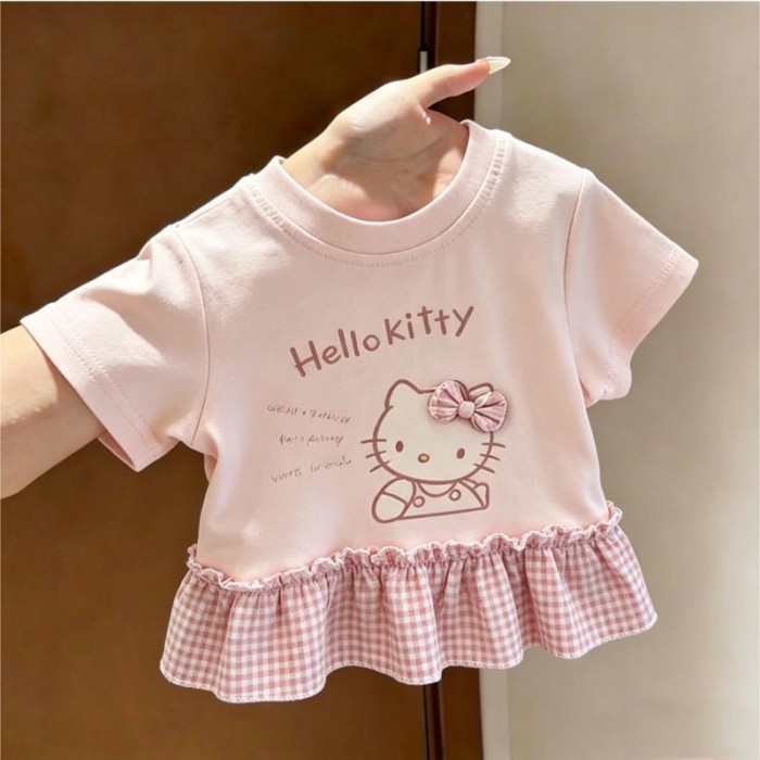 Girls Three-dimensional Pink Ruffle Plaid T-shirt Summer Thin Children And Middle-aged Childr