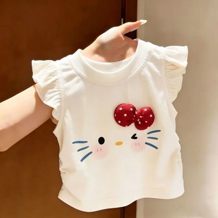 Pure Cotton Cartoon Flying Sleeve Children's T-shirt Baby Girl Short-sleeved T-shirt Girl Cute