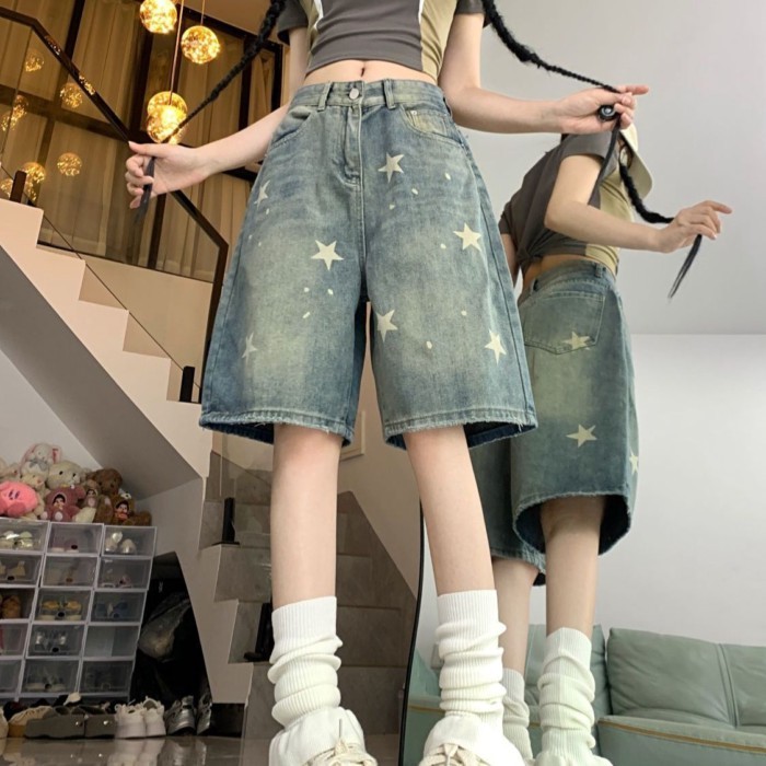 Quần short denim hình ngôi sao đau khổ theo phong cách retro Mỹ 5 điểm đường phố dành cho nữ Quầ