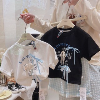 bé gái ngắn tay áo thun cotton nguyên chất cho bé gái nửa tay nơ mặc bên ngoài quần áo trẻ em ca