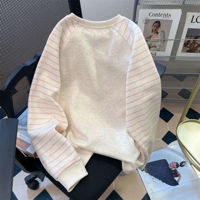 Áo nỉ tay áo raglan sọc chấm bi đầy màu sắc phong cách Hồng Kông Áo đa năng phong cách Hàn Qu