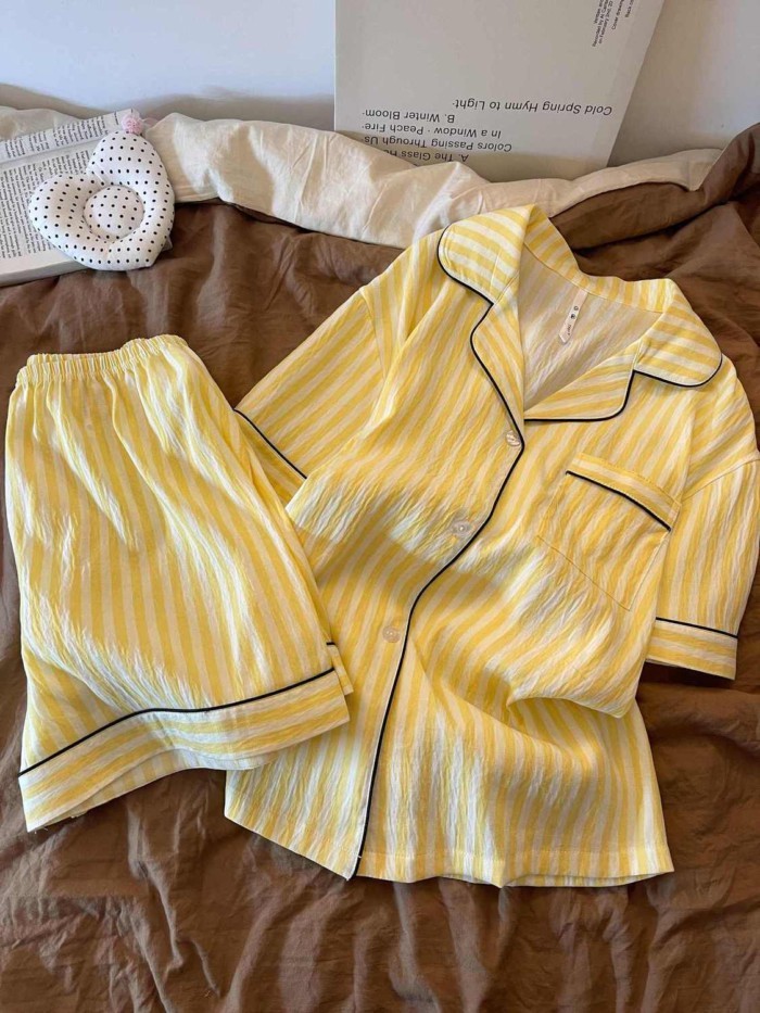 Simple Yellow Striped Pajamas For Women Summer New Short-sleeved Shorts Sweet Japanese Studen