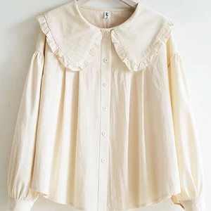 Áo sơ mi dáng rộng cổ búp bê, áo babydoll tay dài thiết kế ngọt ngào, màu trơn, áo thời trang