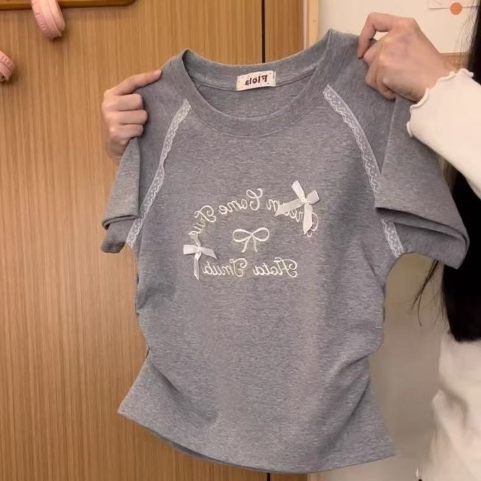 Middle And Large Children's Waist Slimming Short Top Summer Embroidered Letter Bow Lace Ragla
