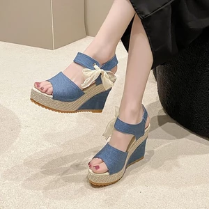 Mùa Hè Mới Thường Ngày Chống Trơn Trượt Nơ Đế Dày Thời Trang Chống Thấm Nước Nền Tảng Denim N