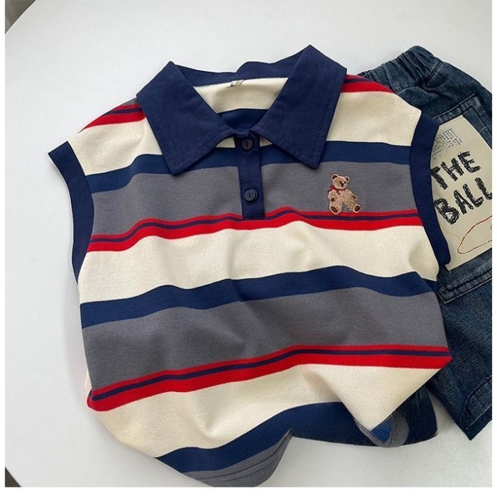 Áo vest polo trẻ em mới, thiết kế thêu gấu, áo thun không tay sọc cho bé trai và bé gái
