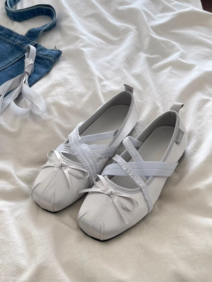 Màu Xám Retro Quai Nơ Phong Cách Ballet Mary Jane Giày Nữ Đế Bằng, Miệng Dẹt Giày Đơn