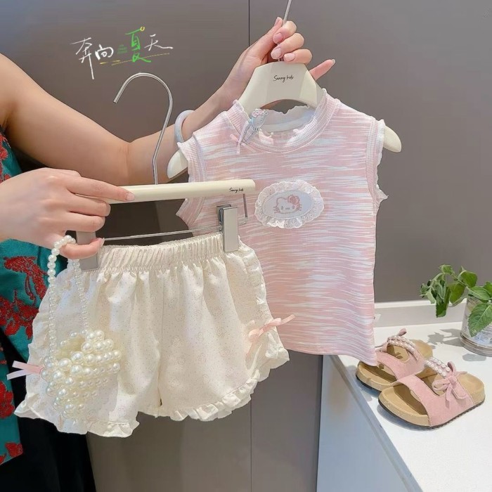 Bộ Đồ Bé Gái Mùa Hè Phong Cách Mới Cho Bé Phong Cách Áo Vest Ren Top Bộ Hai Món Trẻ Em