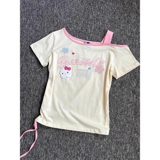 Bé gái và trẻ lớn hơn mèo kitty trễ vai treo áo thun ngắn tay dáng rộng mùa hè giảm béo lệch vai