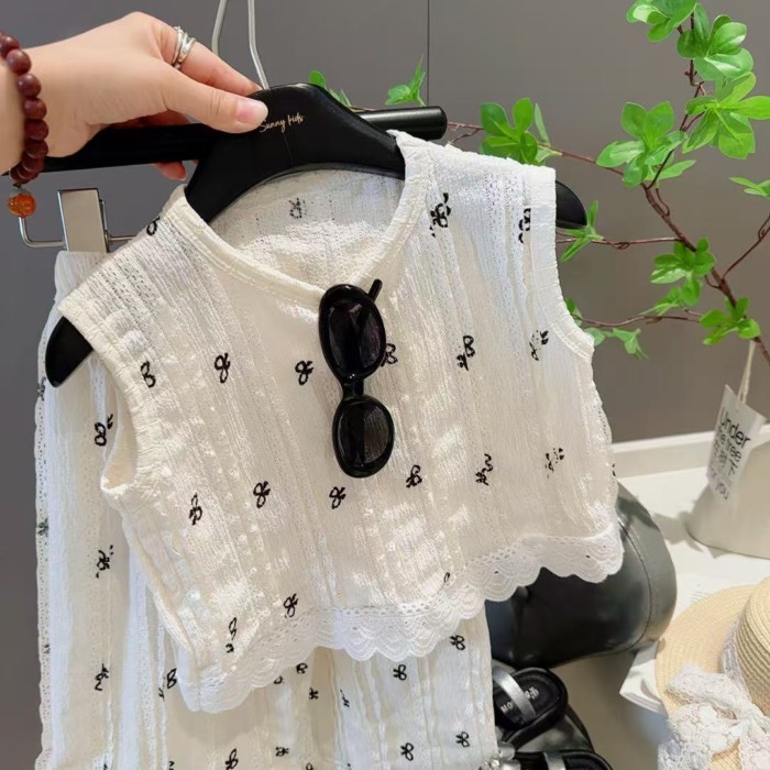 Summer New Style Girls' High-definition Lace Vest Suit Children's Korean Fashionable Top Casu