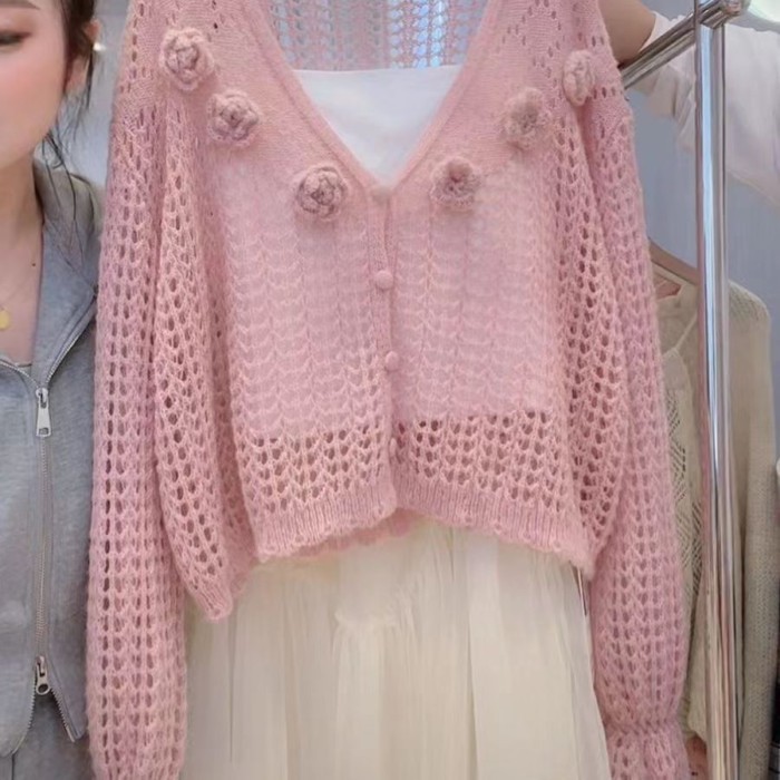 Áo cardigan dệt kim chống nắng dài tay bằng sáp mềm cổ tích hoa ba chiều rỗng cho nữ