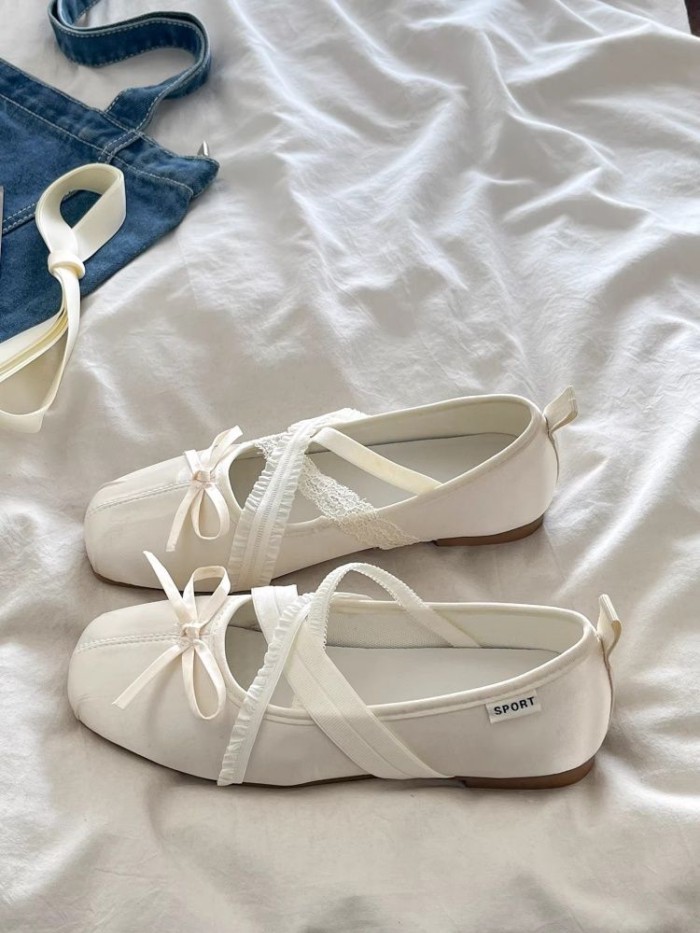 Màu Xám Retro Quai Nơ Phong Cách Ballet Mary Jane Giày Nữ Đế Bằng, Miệng Dẹt Giày Đơn