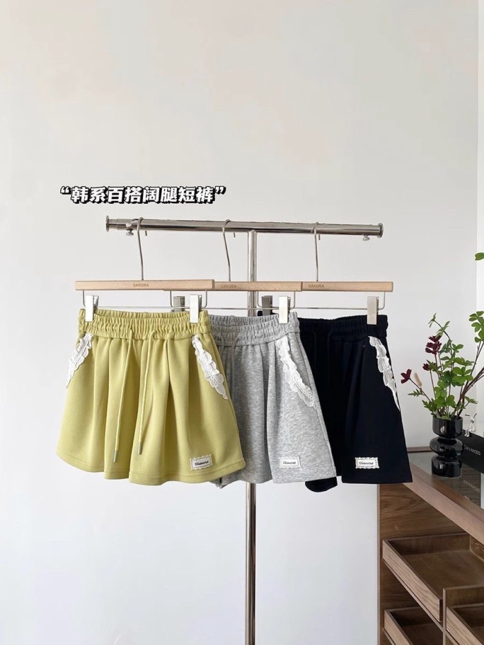 Mùa Hè Phong Cách Mới Phong Cách Hàn Quốc Cổ Đa Năng Phối Ren Nối Lưng Thun Màu Ống Rộng Quần Sh
