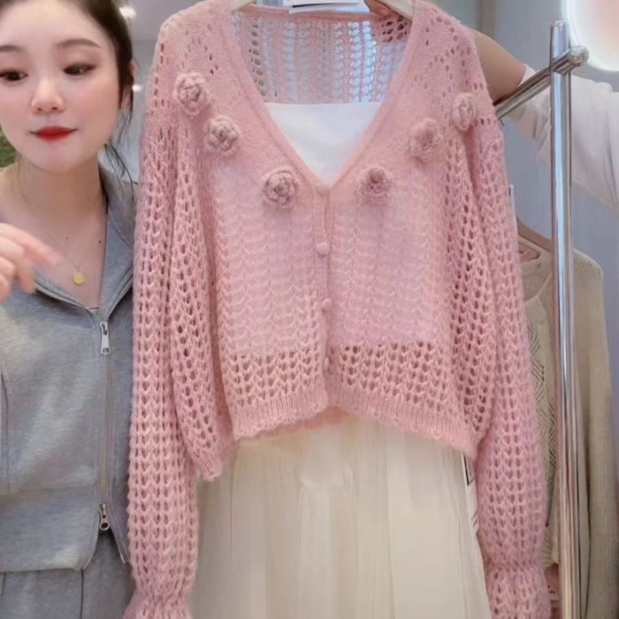 Áo cardigan dệt kim chống nắng dài tay bằng sáp mềm cổ tích hoa ba chiều rỗng cho nữ