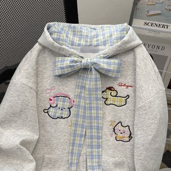 Pure Desire Dễ Thương Kẻ Sọc Nơ In Hình Cún Con Có Mũ Áo Khoác Cardigan Nữ