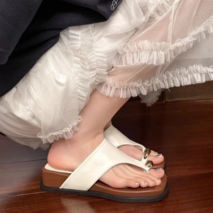 New Summer Wedge Heel Thick-soled Flip-flops Korean Style Buckle Solid Color Non-slip Summer