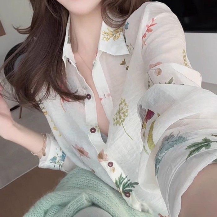 Áo sơ mi hoa độc đáo đẹp mắt áo sơ mi mỏng dài tay mùa hè nữ giảm béo khí chất