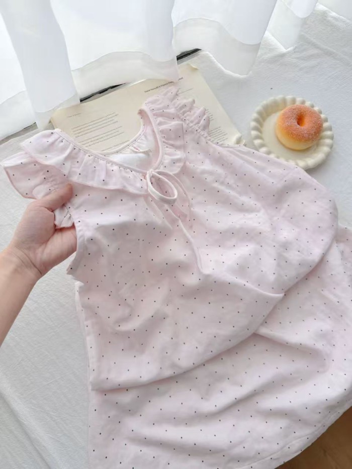 Mùa hè phong cách mới màu hồng Nhật Bản chấm bi nhỏ của cô gái bay tay áo treo áo ngủ đồ ngủ