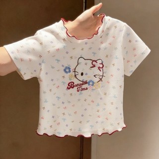 Quần áo trẻ em Hàn Quốc bé gái Áo thun ngắn tay in hình Hello Kitty bé gái thời trang và dễ t