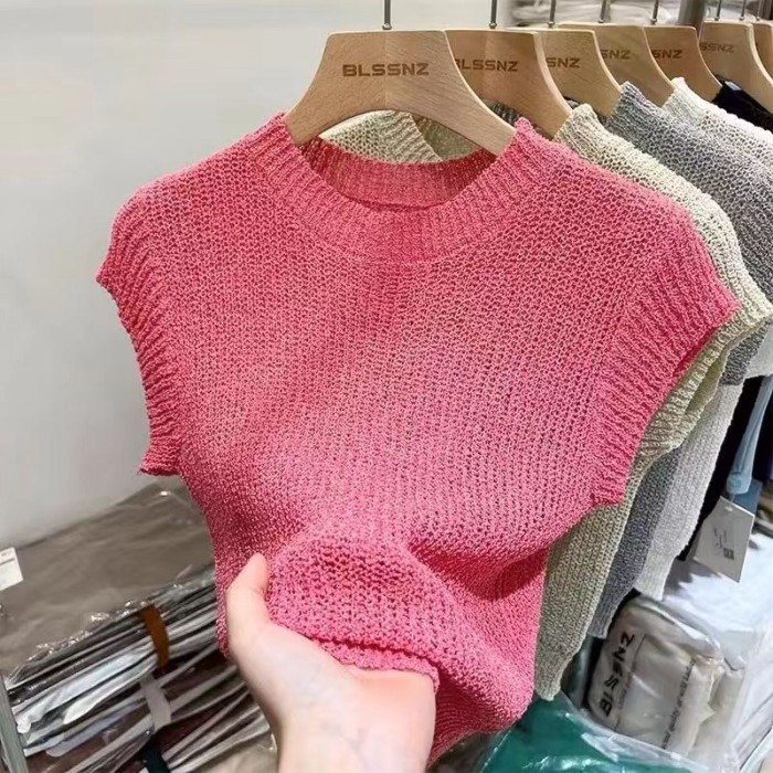 Áo thun mỏng dệt kim ngắn tay phong cách retro mùa hè mới dáng ôm rỗng áo ngắn đế trắng