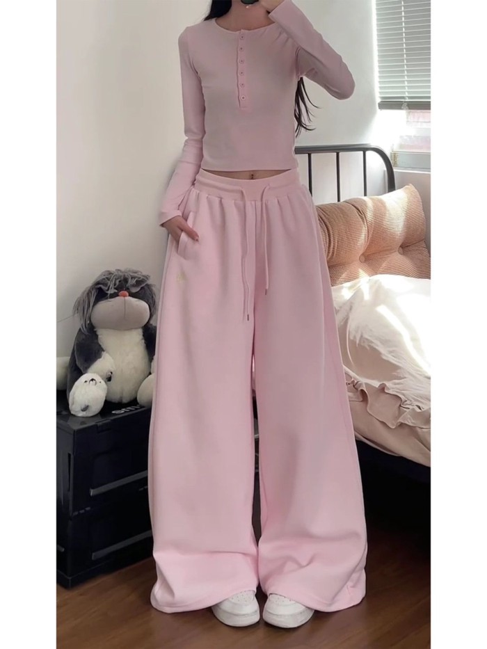 quần ống rộng lưng cao màu hồng ngọt ngào dành cho nữ có dây rút thả quần thể thao quần ống rộng