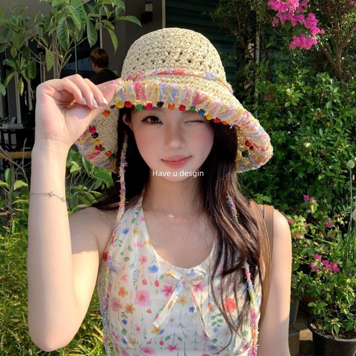 Mũ rơm dệt nhiều màu sắc nữ với vành lớn chống nắng, phù hợp đi biển và kỳ nghỉ