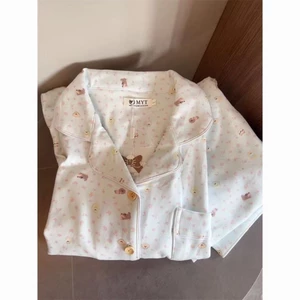 Bộ đồ ngủ màu trắng và xanh cô gái phong cách hoạt hình hoa cún con cotton dài tay và quần dà