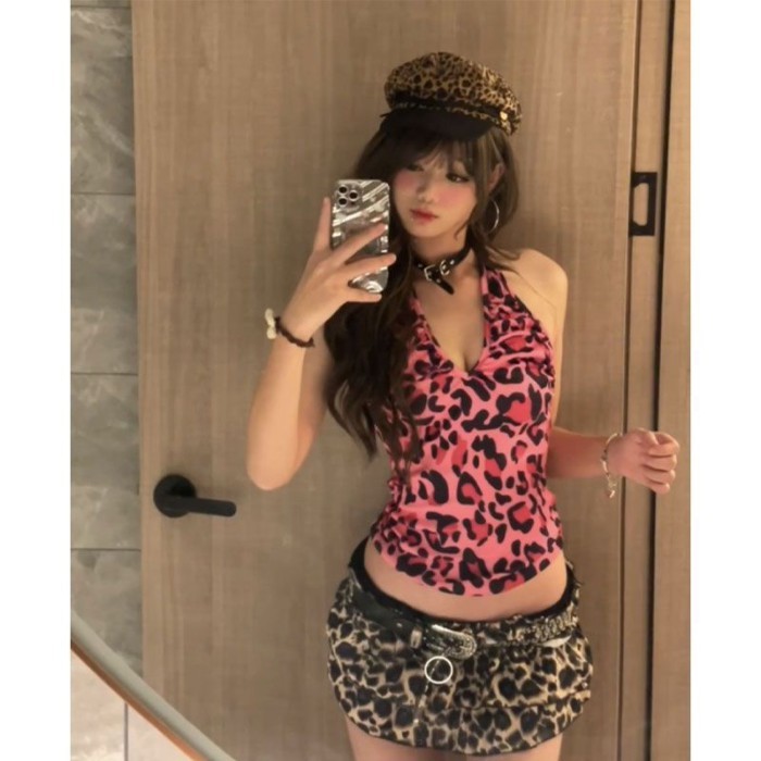 American Hot Girl Leopard Print V-neck Halterneck Camisole For Women Spring And Summer Design