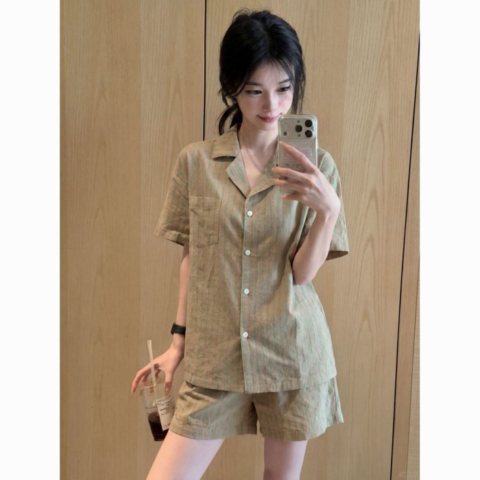 Japanese Style Simple Striped Summer New Cloud Cotton Short-sleeved Pajamas Women's Home Clot