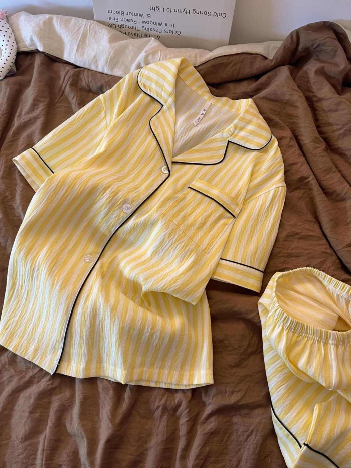 Simple Yellow Striped Pajamas For Women Summer New Short-sleeved Shorts Sweet Japanese Studen