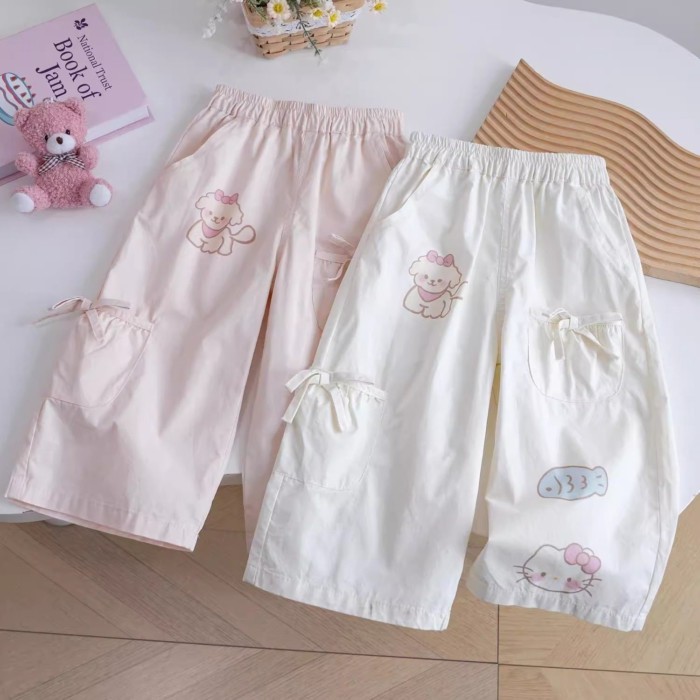 Bé gái phong cách Hàn Quốc nơ ống rộng quần dài in hình động vật nhỏ hoạt hình đa năng