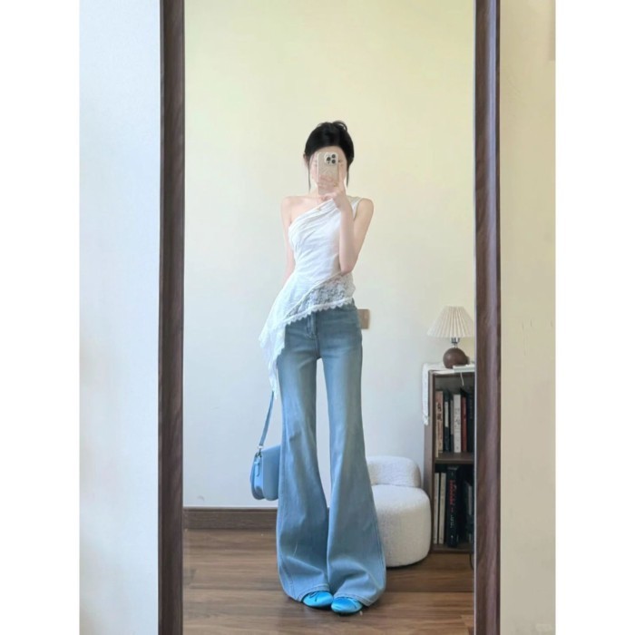Quần jeans ống loe siêu nhỏ màu xanh nhạt cạp vừa của Mỹ dành cho nữ, quần đi làm mùa hè
