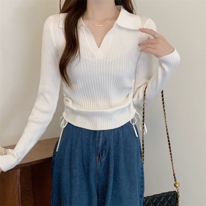 dây rút dệt kim dáng ôm nữ niche mùa thu Pháp sọc cổ POLO dài tay đáy áo sơ mi