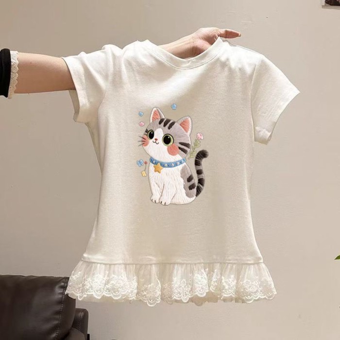Bé Gái Áo Thun Cotton Mùa Hè Ren Mèo Tay Ngắn Phối Ren Phong Cách Mới Phương Tây In Hình Hoạt Hì