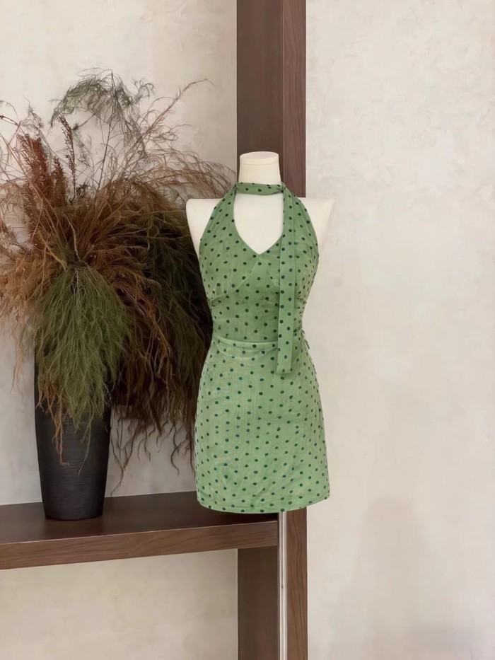 French Retro Green Polka Dot V-neck Halterneck Ribbon Dress Waist Slimming Holiday Skirt Wais