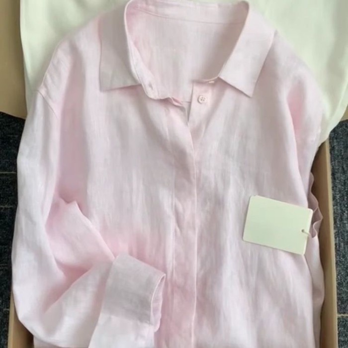 Tencel cotton và vải lanh áo sơ mi màu hồng áo khoác nữ phong cách mùa hè cổ Polo áo sơ mi vải lanh