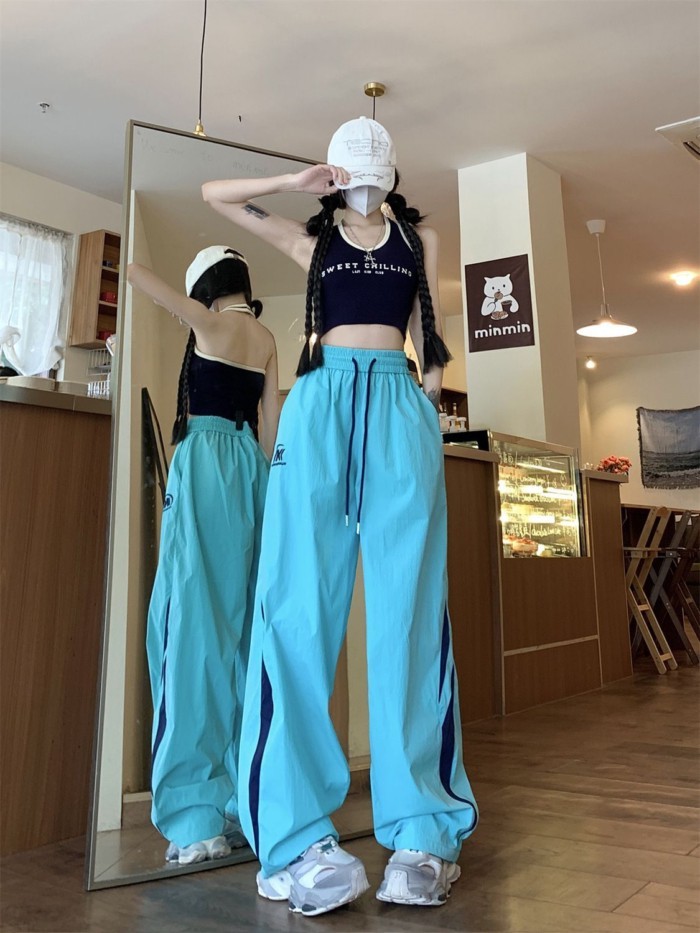 Quần yếm thể thao khâu màu tương phản dopamine của Mỹ dành cho nữ, quần ống rộng ống rộng lưng c
