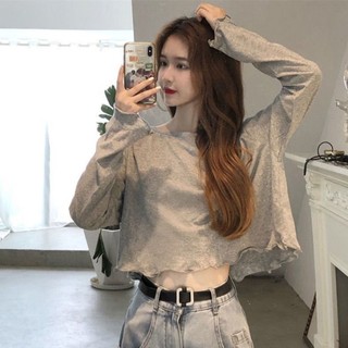 Áo thun ngắn ins siêu hot dành cho nữ mùa xuân thu đông, áo sơ mi dài tay cạp cao, áo rộng hở rốn