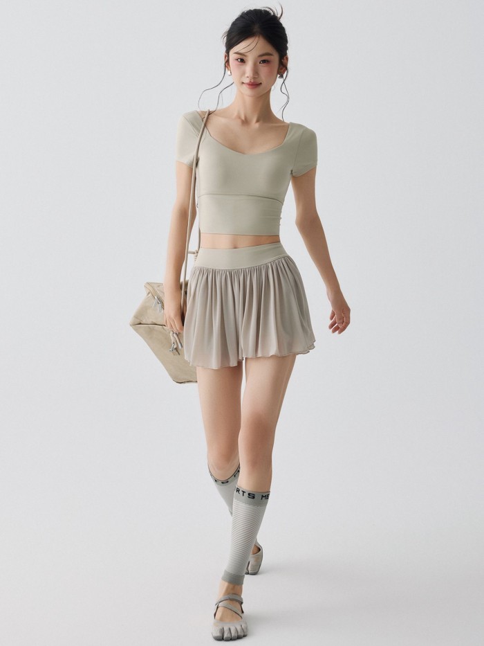Thể thao nửa chiều dài yoga mặc quần culottes lưới váy thể thao nữ nhanh khô thể dục cầu lông váy t