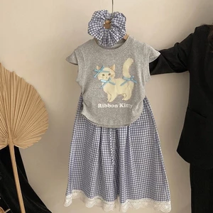 Bộ đồ quần ống rộng ren bé gái, in hình mèo kiểu mới cho trẻ em trung lớn, bộ hai mảnh thời