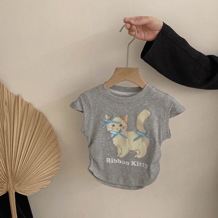 Bộ đồ quần ống rộng ren bé gái, in hình mèo kiểu mới cho trẻ em trung lớn, bộ hai mảnh thời