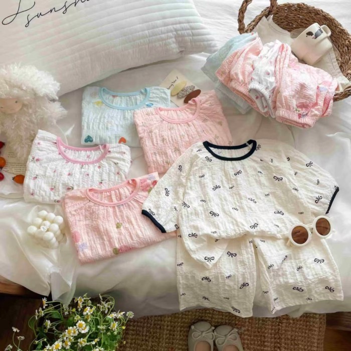 Bộ đồ mặc nhà cho trẻ em cổ áo thun ngắn tay quần short Bộ đồ ngủ hai mảnh thoáng khí