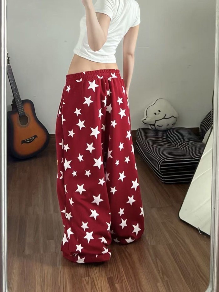 Retro American Style Lazy Star Printed Casual Pants For Women Summer New Loose Slimming High