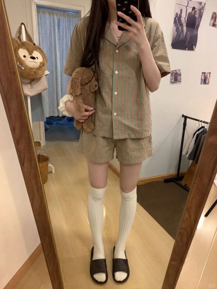 Japanese Style Simple Striped Summer New Cloud Cotton Short-sleeved Pajamas Women's Home Clot