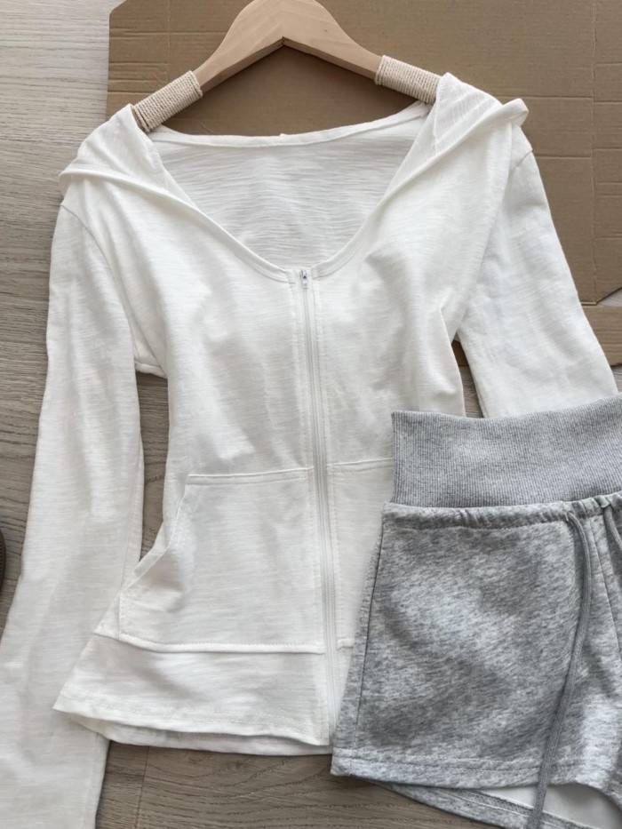 Thiết Kế Cổ Chữ V Ôm Vừa Vặn Nguyên Chất Cotton Dài Tay Cardigan Nữ Đầu Thu Thời Trang Mới Ôm