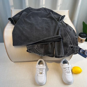 Bộ Cao Cấp Bé Trai Hàn Quốc Đẹp Trai Áo Thun Tay Ngắn Quần Short Trẻ Em Phong Cách Đường Phố Ha