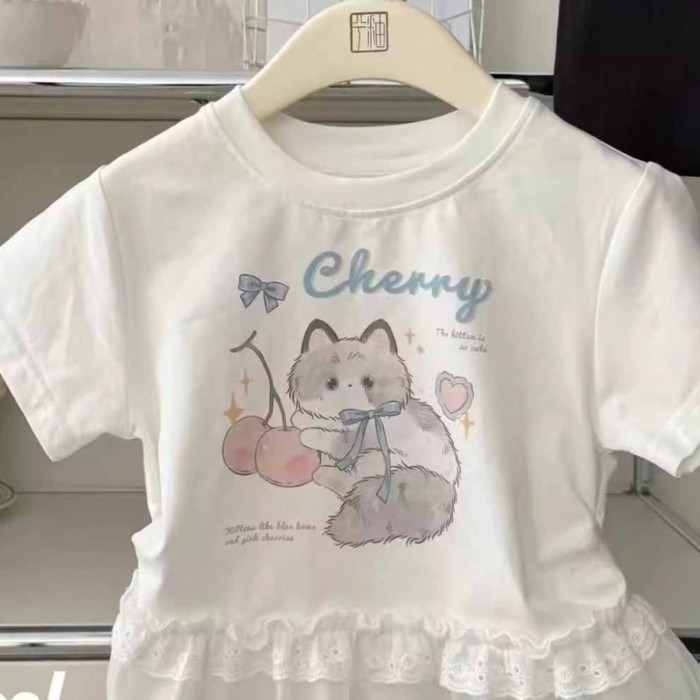 bé gái mùa hè áo phông ngọt ngào và dễ thương mới cổ ren hoạt hình áo cotton ngắn tay thời trang
