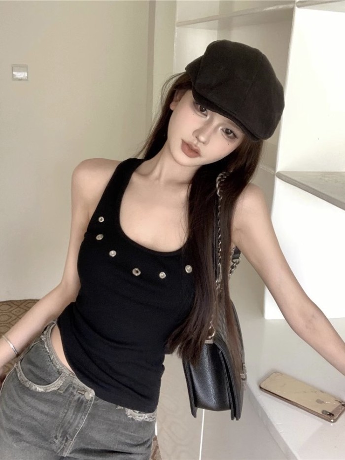 Áo yếm kiểu cổ điển màu đen kiểu Mỹ dành cho nữ mùa hè không tay vừa vặn bên trong để mặc bên ng